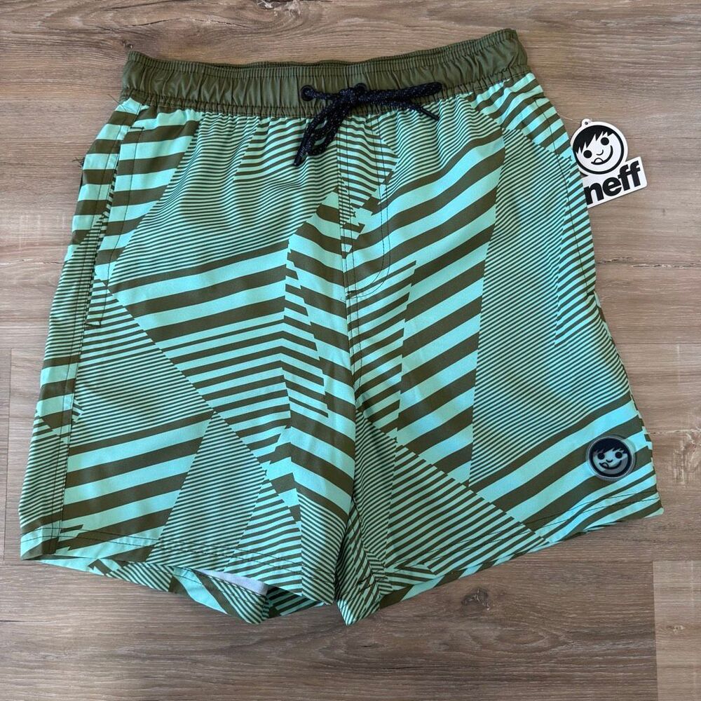 Neff Mens Green Striped Board Shorts Swimsuit Size Medium Active Surf Skate New